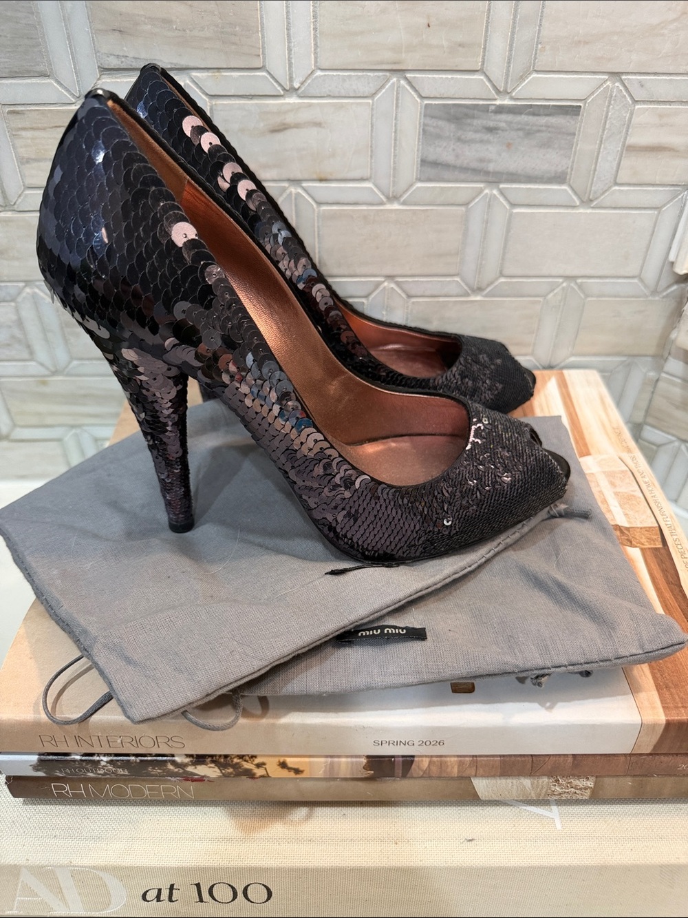 Miu Miu Black Sequin Peep-Toe High Heels